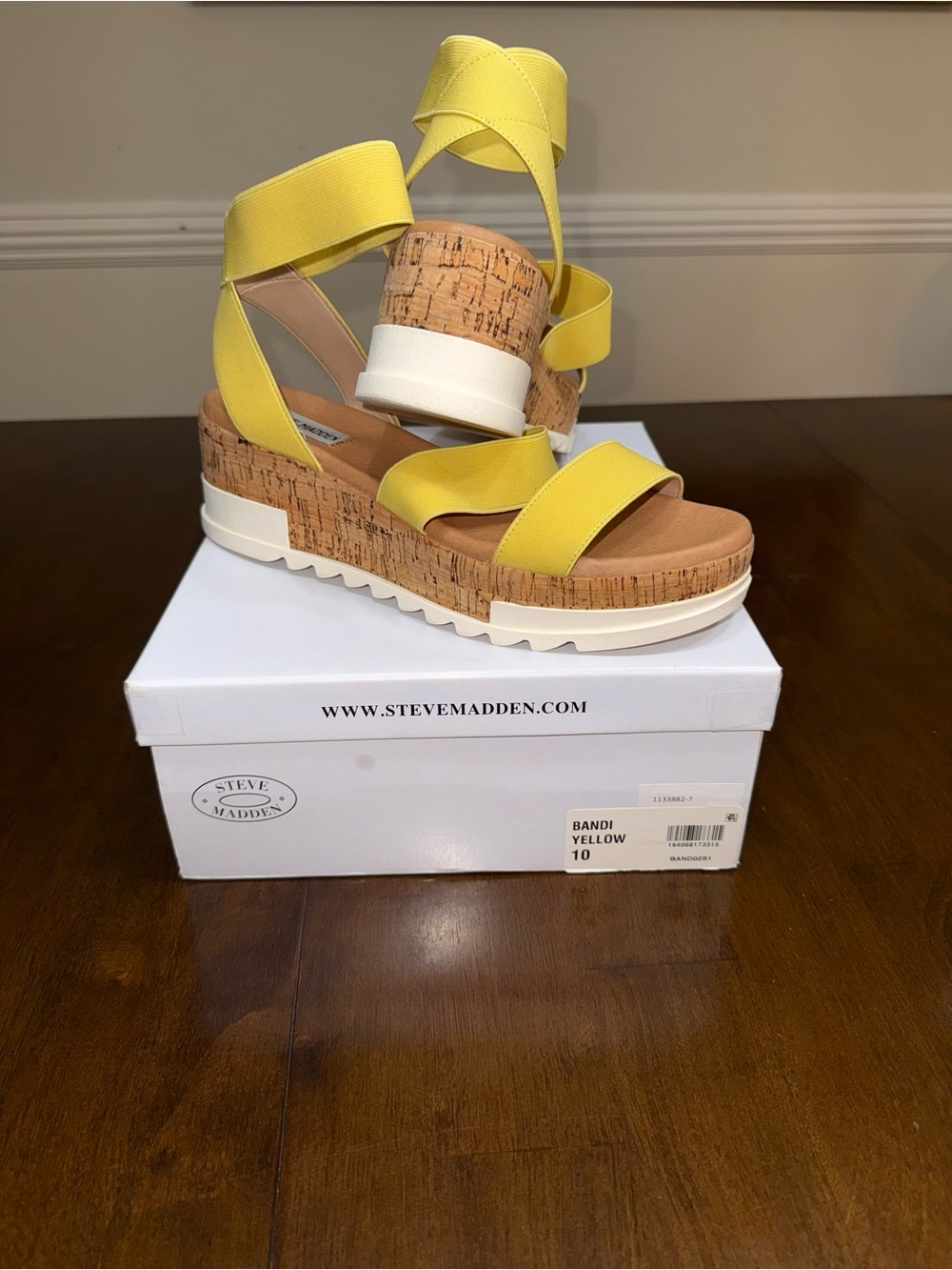 Steve Madden Bandi Yellow Cork Platform Wedge Sandals Size 10